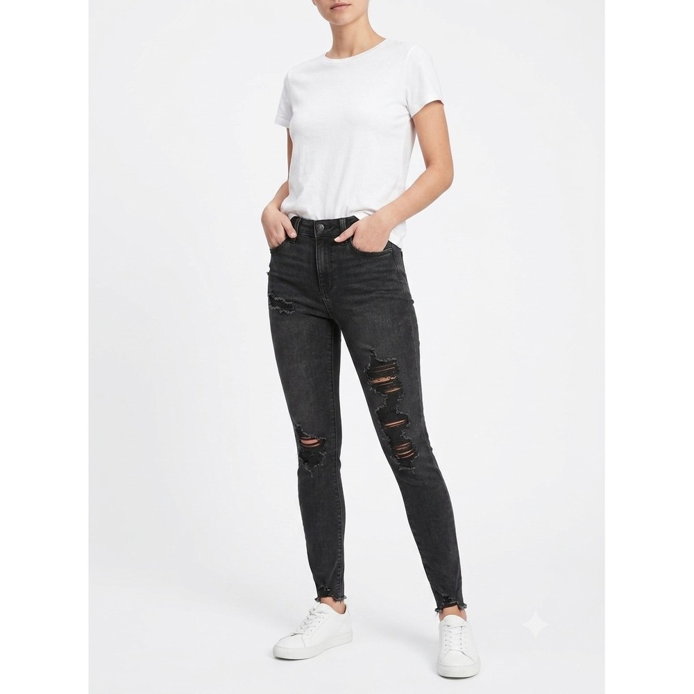 American Eagle Jeans Womens 2 Black Distressed Skinny Leg Mid Rise Forever Soft
